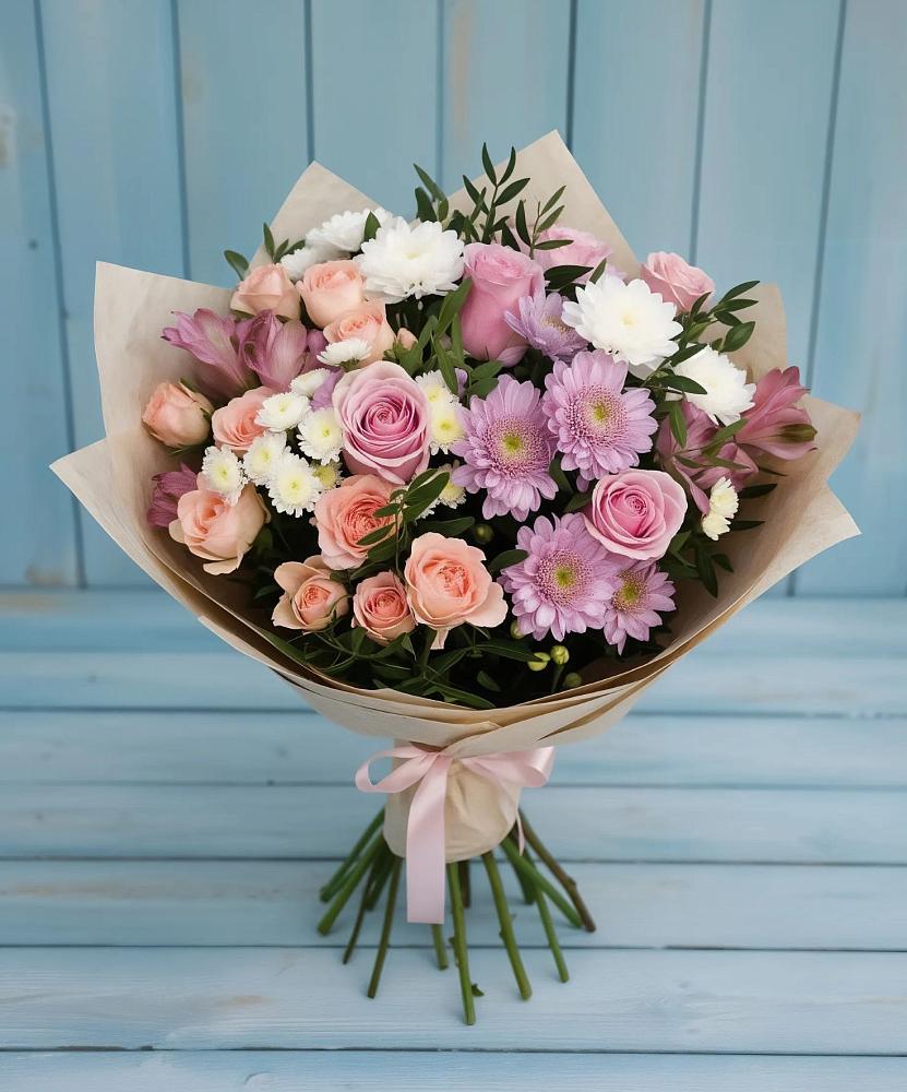 Букет цветов из: Хризантемы, Розы и Альстромерии в Горном Саратовская область