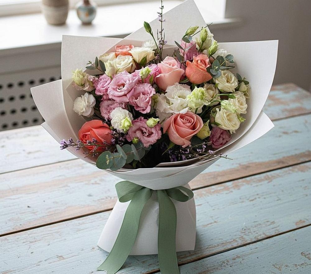 Букет цветов из: Розы, Лизиантусы и Гвоздики в Горном Саратовская область