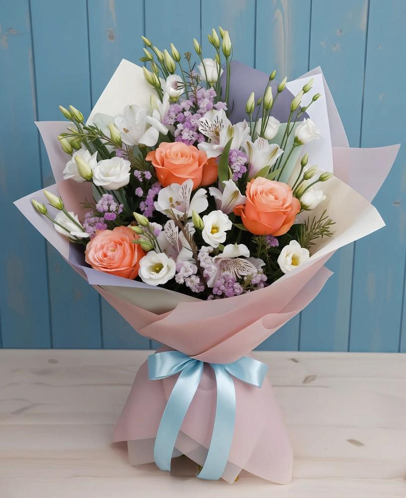 Букет цветов из: Лизиантусы, Розы, Альстромерии и Гипсофила в Горном Саратовская область