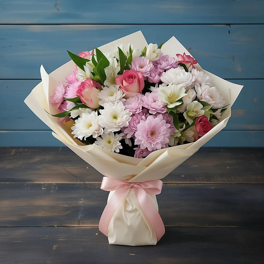 Букет цветов из: Хризантемы, Альстромерии и Розы в Горном Саратовская область